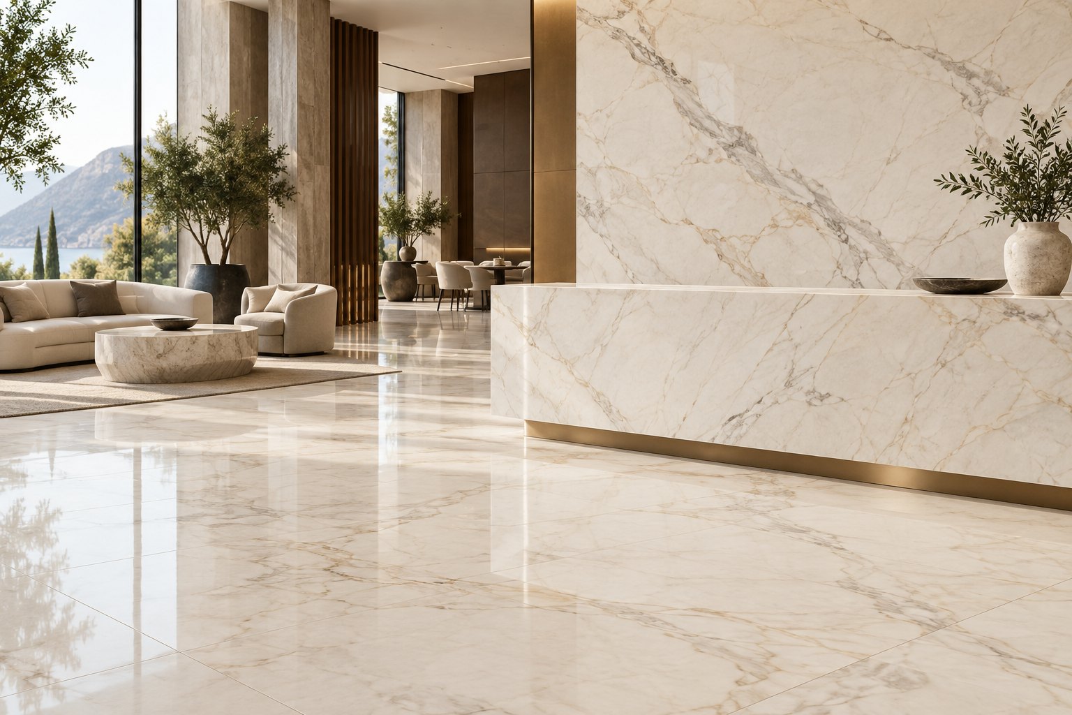 Illustrative natural marble tiles in a contemporary interior